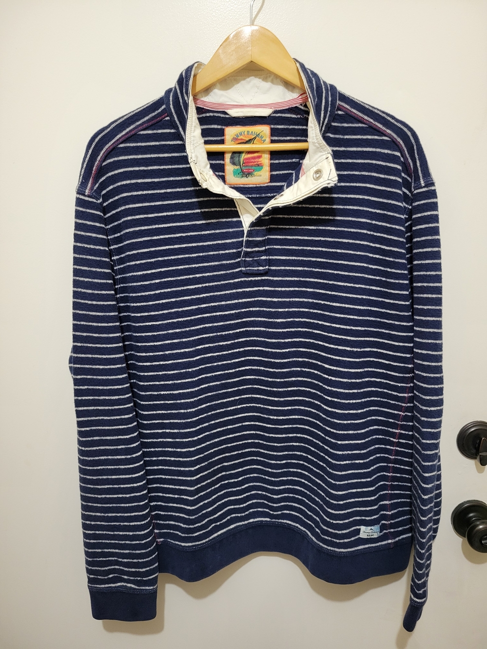 Tommy Bahama Navy and White Striped Crewneck Sweater with Red Stitched Seam Trim